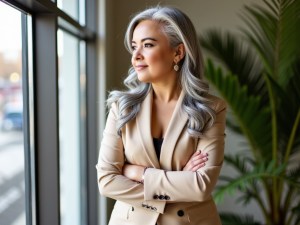 A confident woman with silver hair wearing a beige blazer, standing by a large window and looking thoughtfully into the distance, with plants in the background.